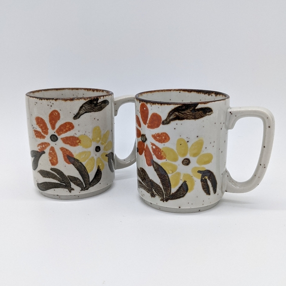 Vintage orange & yellow floral stoneware mugs